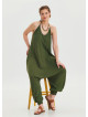 Khaki Bohemian Jumpsuit with Elasticated Legs and Tied Neck 4483